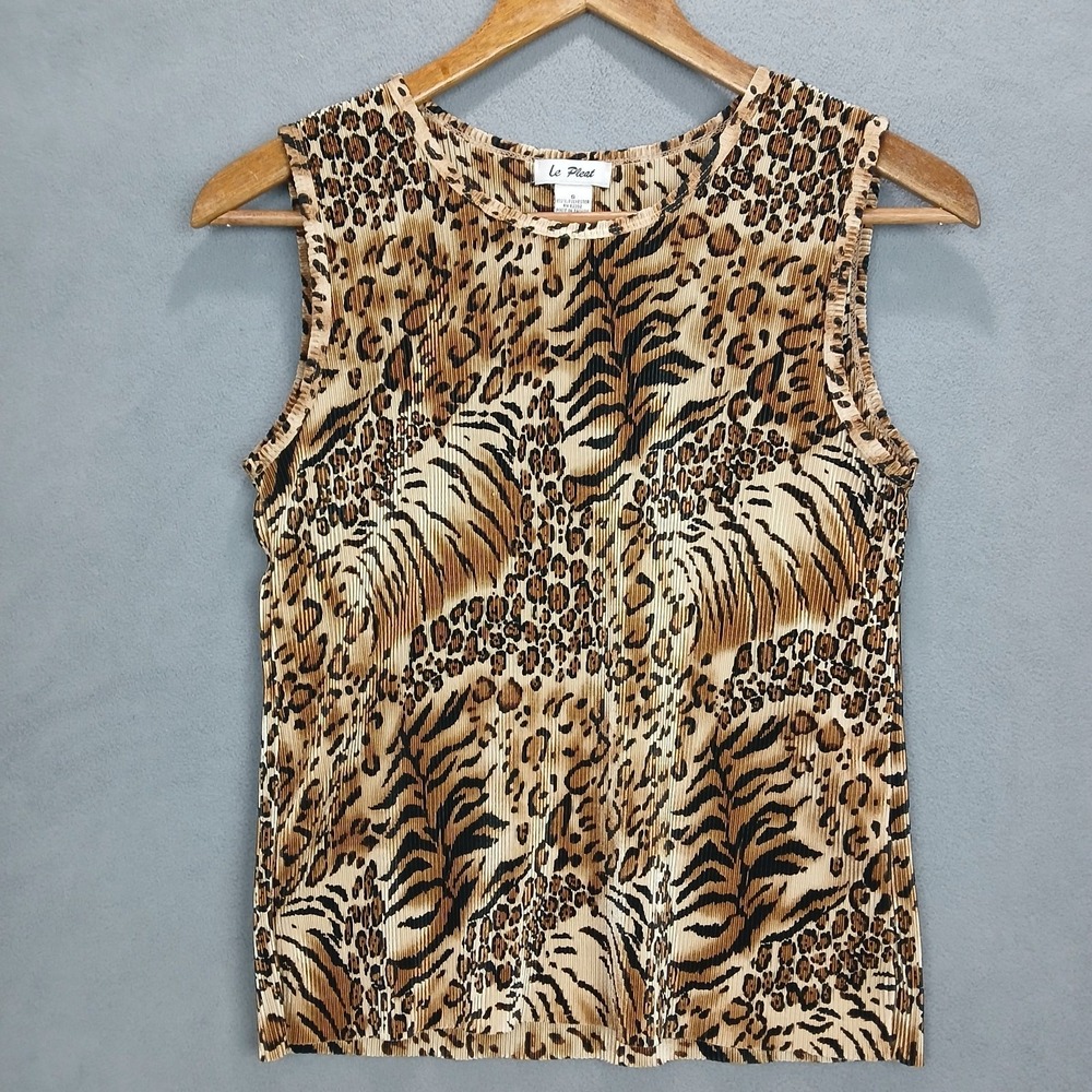 Le Pleat Tank Top Womens Small Brown Leopard Wide Strap Casual Modern Authentic